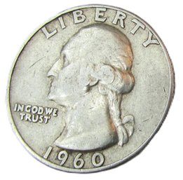 Authentic 1960P WASHINGTON SILVER QUARTER Dollar $.25, Philadelphia Mint, 90 Percent Silver, United States