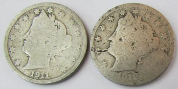 Set Of 2! Authentic 1911P & 1912P, 'v' LIBERTY NICKEL $.05, Philadelphia Mint, Discontinued Victory Type Coin