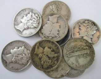 Set Of 10 Coins Authentic MERCURY SILVER DIMES $.10, Mixed Dates 90 Percent Silver, Discontinued United States