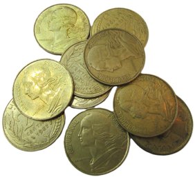 Set Of 10 Coins! Authentic FRANCE Issue, Mixed Dates, Twenty 20 Centimes, Aluminum Bronze, Discontinued