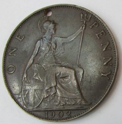 Authentic Great Britain Issue Coin, Dated 1902, One 1 PENNY Denomination, Discontinued, Copper Content