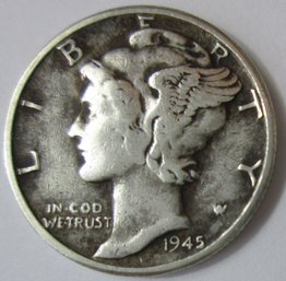 Authentic 1945P MERCURY SILVER DIME $.10 Cents, PHILADELPHIA Mint, 90 Percent Silver, Discontinued US Type