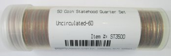 Roll Of 50 Coins! Genuine WASHINGTON Quarter Dollars $.25, STATE COLLECTION, Brilliant Uncirculated