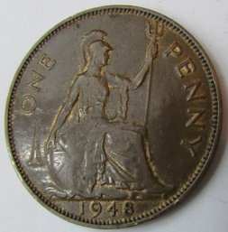 Authentic United Kingdom Issue Coin, Dated 1948, One 1 Penny, Discontinued Great Britain, Copper Content