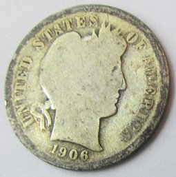 Authentic 1906S BARBER Or LIBERTY SILVER DIME $.10, San Francisco Mint, 90 Percent Silver, Discontinued