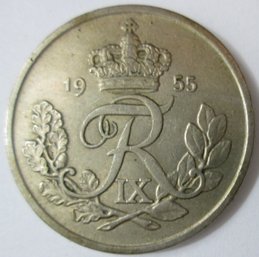 Authentic Denmark Issue Coin, Dated 1955, Twenty-five 25 ORE Denomination, Copper Nickel Composition