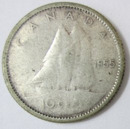 Authentic CANADA Issue Coin, Dated 1955, Ten $.10 Cents Dime, Depicts ELIZABETH II, Silver Content