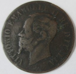 Authentic ITALY Issue Coin, Dated 1867M, Vittorio Emanuelle II Coin, Two 2 Centesimi, Bronze, Discontinued