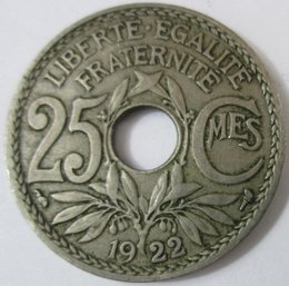Authentic FRANCE Issue Coin, Dated 1922, Twenty Five 25 CENTIMES, Copper Nickel Content, Discontinued Style