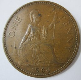 Authentic United Kingdom Issue Coin, Dated 1964, One 1 Penny, Discontinued Great Britain, Copper Content