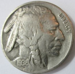 Authentic 1936P BUFFALO NICKEL $.05, Philadelphia Mint, Discontinued United States Type Coin