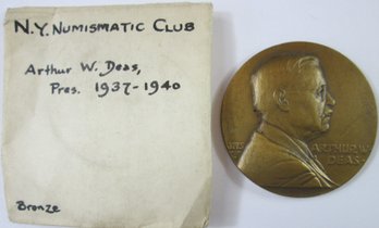 Authentic NY Numismatic COIN CLUB Commemorative Medal, Art Deco Design, Bronze Tone