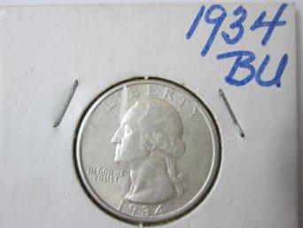 Authentic 1934P WASHINGTON SILVER QUARTER Dollar $.25, Philadelphia Mint, 90 Percent Silver, Brilliant Uncirc