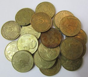 Set Of 20 Coins! Authentic FRANCE Issue, Mixed Dates,  Five 5 Centimes, Aluminum Bronze, Discontinued