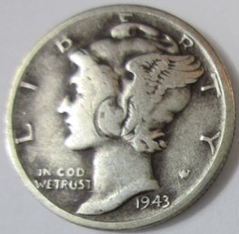 Authentic 1943S MERCURY SILVER DIME $.10 Ten Cents, San Francisco Mint, 90 Percent Silver, Discontinued Type