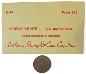 Authentic SIERRA LEONE Issue Coin, Dated 1964, One Half 1/2 CENT Denomination, Bronze Content