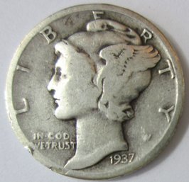 Authentic 1937P MERCURY SILVER DIME $.10, PHILADELPHIA Mint, 90 Percent Silver, Discontinued United States