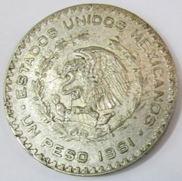Authentic MEXICO Issue Coin, Dated 1961, One 1 Peso Denomination, Jose Morelos, Silver Content, Discontinued