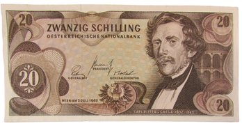 Authentic AUSTRIA Issue, Dated 1967, Twenty 20 Zwanzig SCHILLING, Currency Bill Bank Note