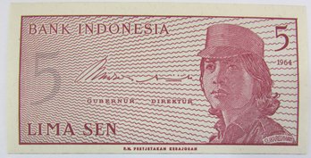 Authentic INDONESIA Issue Banknote, Dated 1964 Series, Genuine Five 5 Lima SEN Denomination, Currency Bill