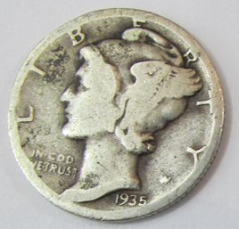 Authentic 1935P MERCURY SILVER DIME $.10, Philadelphia Mint, 90 Percent Silver, Discontinued United States