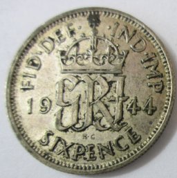 Authentic UNITED KINGDOM, Great Britain Issue Coin, Dated 1944, Six 6 Pence, Depicts George VI, Silver Content