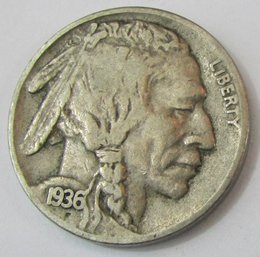 Authentic 1936S BUFFALO NICKEL $.05, San Francisco Mint, Discontinued United States Type Coin