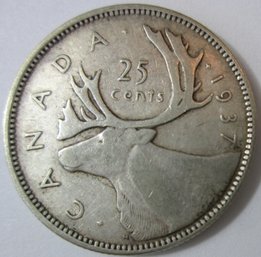 Authentic CANADA Issue Coin, Dated 1937, STAG Quarter $.25 Cents, Depicts George VI, Silver Content