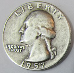 Authentic 1957D WASHINGTON SILVER  $.25 QUARTER, DENVER Mint, 90 Percent Silver, United States