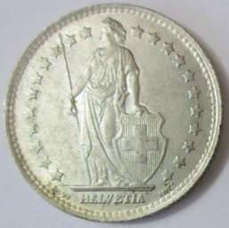 Authentic Switzerland Issue Coin, Dated 1945B, Helvetia, One  1 Swiss Franc, Silver Content
