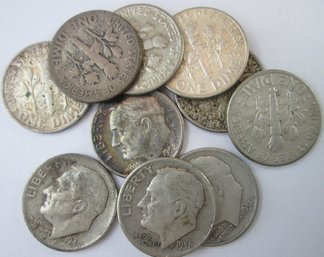 Set Of 10 Coins! Authentic ROOSEVELT SILVER $.10 DIME, 90 Percent Silver Issue, United States