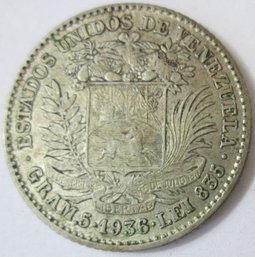 Authentic VENEZUELA Issue Coin, Dated 1936, One 1 Bolivar, 5 Gram Silver Content, Discontinued Design