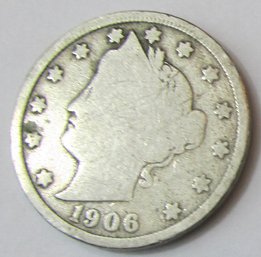 Authentic 1906P 'v' LIBERTY NICKEL $.05, PHILADELPHIA Mint, United States, Discontinued Victory Type Coin