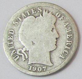 Authentic 1907P BARBER Or LIBERTY SILVER DIME $.10, Philadelphia Mint, 90 Percent Silver, United States