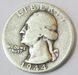 Authentic 1944P WASHINGTON SILVER QUARTER Dollar $.25, Philadelphia Mint, 90 Percent Silver, United States