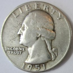 Authentic 1951P WASHINGTON SILVER QUARTER Dollar $.25, PHILADELPHIA Mint, 90 Percent Silver, United States