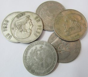 Set Of 6 Coins! Authentic MEXICO Issue, Mixed Dates, One 1 Peso Denomination, COPPER NICKEL Content