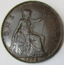 Authentic Great Britain Issue Coin, Dated 1926, One 1 PENNY Denomination, Discontinued, Copper Content