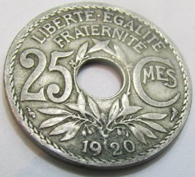 Authentic FRANCE Issue Coin, Dated 1920, Twenty Five 25 CENTIMES, Copper Nickel Content, Discontinued Style