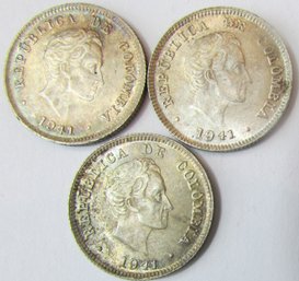 Set Of 3! Authentic COLOMBIA Issue Coins, Dated 1941, Ten Diez 10 Centavos, Silver Content, Discontinued
