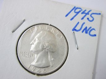 Authentic 1945P WASHINGTON SILVER QUARTER Dollar $.25, Philadelphia Mint, 90 Percent Silver, Uncirculated