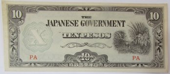 Authentic Japanese PHILIPPINES Issue, 1942 Series Note, Genuine Ten 10 PESO Currency Bill