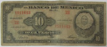 Authentic MEXICO Issue, 1963 Series, Genuine Diez Ten 10 PESO Currency Bill, Banco National De MEXICO