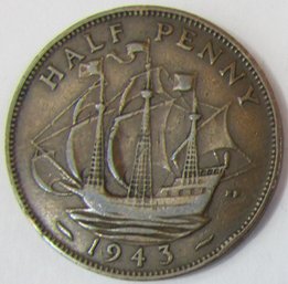 Authentic GREAT BRITAIN Issue Coin, Dated 1943, Half 1/2 Penny, Discontinued Design, Copper Content