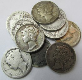 Set 10 Coins! Authentic MERCURY SILVER DIMES $.10, Mixed Dates, 90 Percent Silver, Discontinued United States