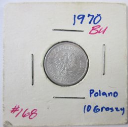 Authentic POLAND Issue Coin, Dated 1970, Ten 10 Groszy Denomination, Aluminum Content, Discontinued Design