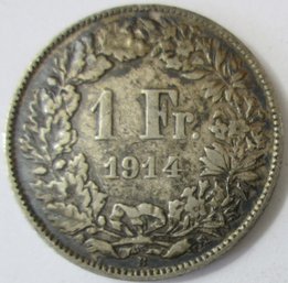 Authentic Switzerland Issue Coin, Dated 1914B, Helvetia, One 1 Swiss Franc, Silver Content
