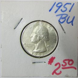 Authentic 1951P WASHINGTON SILVER QUARTER Dollar $.25, PHILADELPHIA Mint, 90 Percent Silver, United States