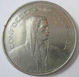 Authentic Switzerland Issue Coin, Dated 1976, Five 5 Swiss Francs, Discontinued Copper Nickel Content