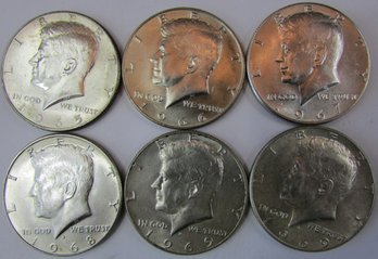 Set Of 6 Coins! Authentic KENNEDY Half Dollar $.50, 1965 To 1969, 40 Percent SILVER Content, Discontinued